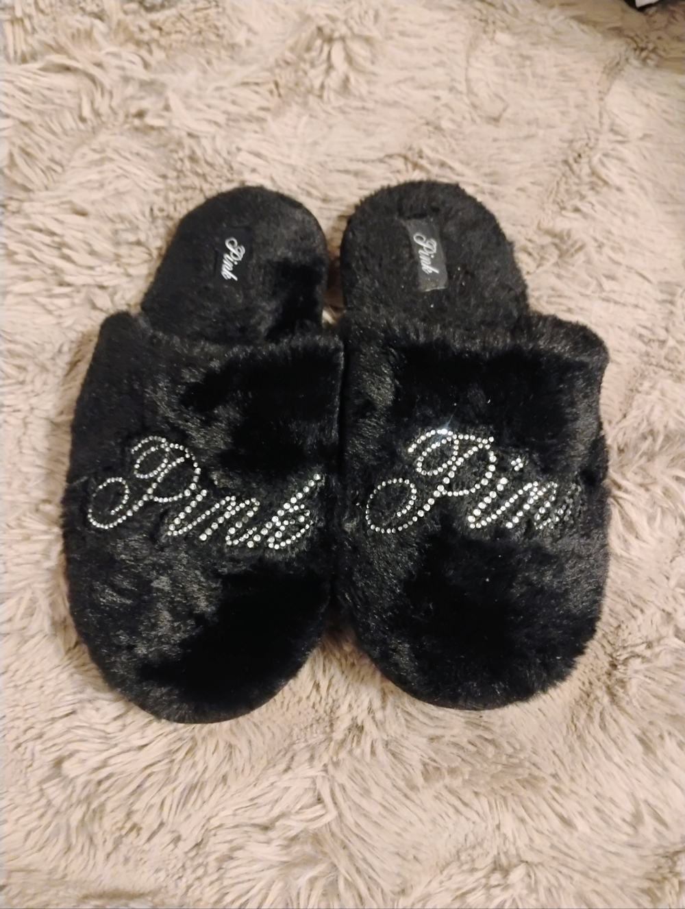 Victoria Secret Pink Collection Black Faux Fur Blinged Out Slippers